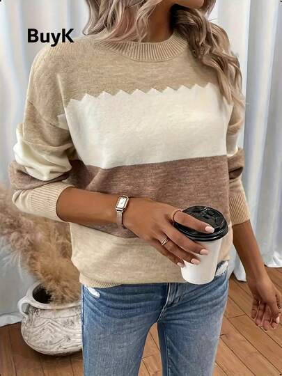 BuyK [Tops]BuyK Women's Autumn/Winter Soft-Style Contrast Color Patchwork Crew Neck Sweater With Wavy Stripe Design