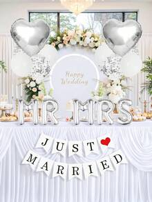18件套 - 16英寸银色“Mr & Mrs”字母铝箔气球套装，包含“Just Married”横幅、白色乳胶气球、五彩纸屑气球和心形气球，适用于新娘送礼会、单身派对、婚礼、订婚、室内外装饰。 - 彩色 - 查看 1