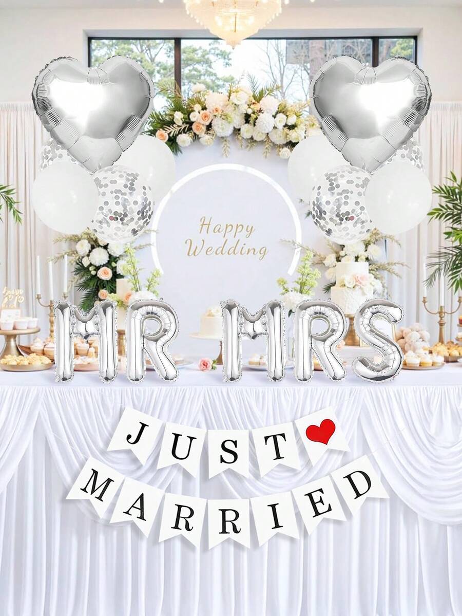 18件套 - 16英寸银色“Mr & Mrs”字母铝箔气球套装，包含“Just Married”横幅、白色乳胶气球、五彩纸屑气球和心形气球，适用于新娘送礼会、单身派对、婚礼、订婚、室内外装饰。 - 彩色 - 查看 1