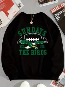 Plus Size, Women Pullover American Football And Baseball Crew Neck Sweatshirt, Sunday Football Eagle Birds , Long Sleeve Crew Neck Design For Fall & Winter , Perfect For Everyday Wear - 黑色 - 查看 2