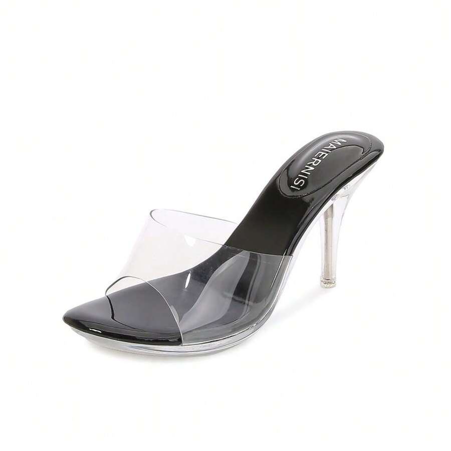Classic Clear Heels Sandals Casual Fashion Crystal High Heel Cool Slippers Outer Wear Women's Shoe 8cm Heel WZ - màu đen - Xem 1