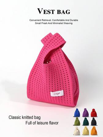 حقيبة يد/معصم قابلة للطي بسيطة بيضاء مفرغة ذات تصميم مبسط ومتباين الألوان، منسوجة بقماش خفيف ومنفذ للهواء، مناسبة للنساء في الرحلات والتصوير الفوتوغرافي والمدرسة