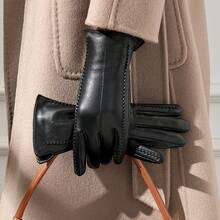 Women's Genuine Leather Winter Gloves - Fleece Lined Windproof Touchscreen Outdoor Gloves, Thickened Design, Suitable Hiking, Camping, Skiing, Snowboarding - Warm And Insulated, Meets Coat Length Requirements, Her - 黑色 - 查看 4