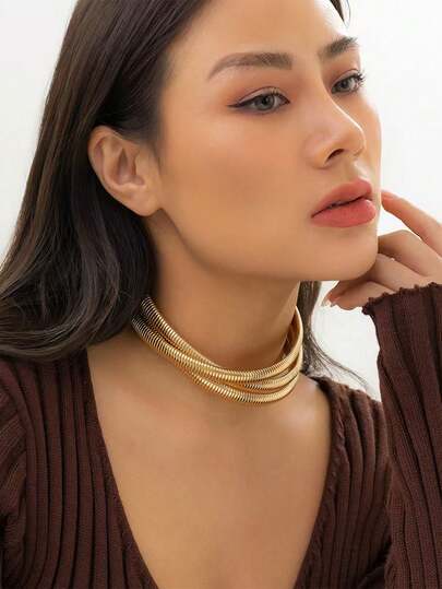 1pc Punk Style Stainless Steel Multi-Layer Choker Necklace, Exaggerated Flexible Snake Bone Necklace Suitable For Women's Daily Wear And Parties