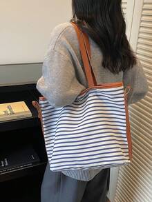 2025秋冬新款韩版大容量托特包，条纹简约通勤单肩包 - 米色 - 查看 2