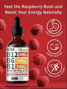 Nusava Vitamin B12+B6 Liquid Drops Sublingual Energv & Brain Support With Methylcobalamin B1 Folic Acid Raspberry Flavor Gluten-Free Vegan GMP Certified Non-GMO - 2PCS - 查看 3