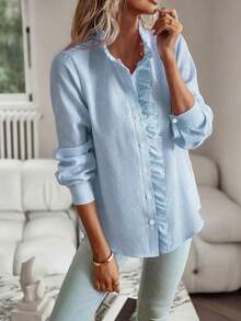 Áo sơ mi dài tay kẻ sọc viền bèo nhún dáng casual dành cho nữ cỡ lớn, mùa xuân - Màu xanh nhạt - Xem 3