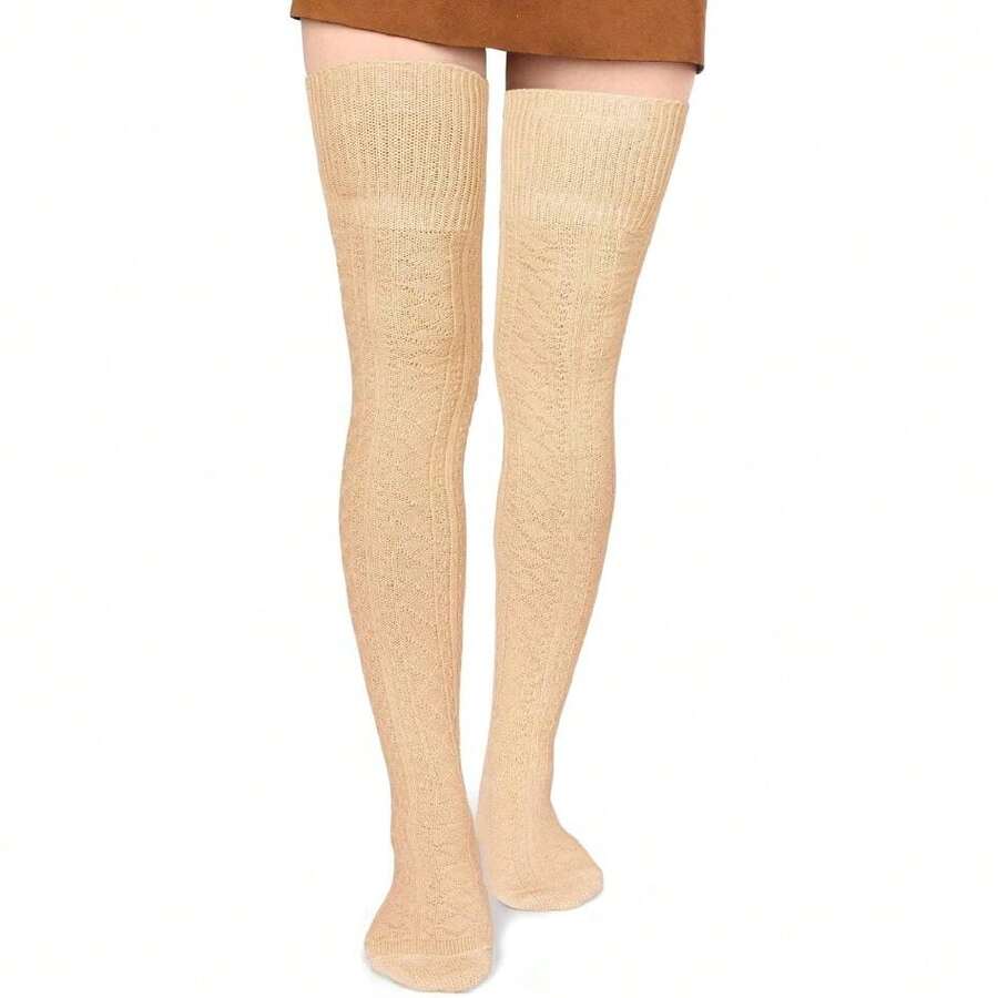 Women Thigh High Socks Extra Long Cotton Knit Warm Thick Tall Long Boot Stockings Leg Warmers,28126063 - 米色 - 查看 1