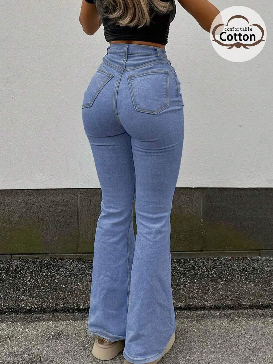 GILIPUR New Y2K Bootcut Women Jeans Blue High Slim Fit Waist Stretch Casual Elegant Vintage Simple Streetwear 2000s Style Fall And Winter Clothes Outfits Old Money Vintage Clothes Going Out Perfect For New Year Winter And Thanksgiving - Màu xanh lam - Xem 1