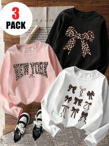 3 件套女童休闲印花圆领长袖 T 恤，秋季学生小童上衣 - 引人注目的 T 恤一定会让孩子们露出笑容 - 粉色 - 查看 4