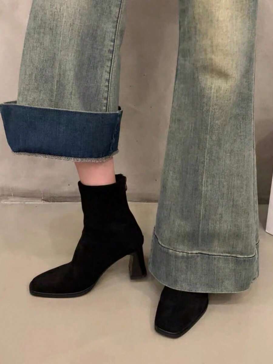 秋冬季方头粗跟修身短靴，绒面革复古弹力踝靴，优雅女士踝靴 - 黑色 - 查看 1