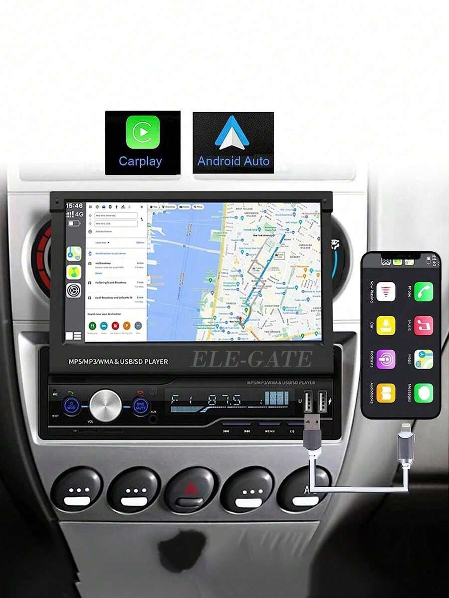 Autoestéreo 1DIN con Mirrorlink, Pantalla Táctil Retráctil HD de 7 pulgadas, GPS y Soporte Multilingüe - Negro - Ver 1