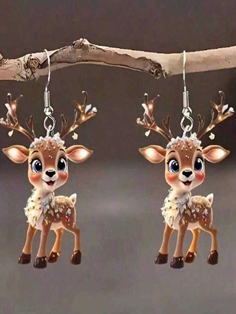 2 piezas Pendientes de acrílico con colgante de renos navideños lindos, adecuados para que las mujeres los usen en fiestas navideñas - Multicolor - Ver 1
