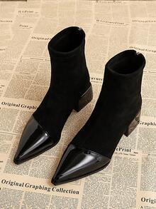 Elegant Patent Leather Patchwork Women's Ankle Boots, Pointed Toe Chunky Heel Zipper Closure Slim Fit Fashion Boots, 2025 Autumn/Winter New Classic Business Boots, Suitable For Street, Business, Party, Wedding, Nightclub, Masquerade Ball