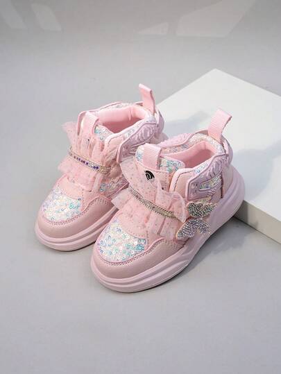 可爱蝴蝶结儿童运动鞋，高帮女童运动鞋，闪亮休闲鞋，适合幼儿小童和大童秋季新品