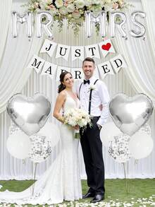 18件套 - 16英寸银色“Mr & Mrs”字母铝箔气球套装，包含“Just Married”横幅、白色乳胶气球、五彩纸屑气球和心形气球，适用于新娘送礼会、单身派对、婚礼、订婚、室内外装饰。 - 彩色 - 查看 3