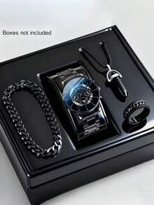 4pcs Men's Steel Band Quartz Watches, Sports Chronograph Watches - Perfect For Halloween, Christmas, Thanksgiving, Valentine's Day, Etc. - Ideal Gift For Boyfriend Or Family - Black - View 11