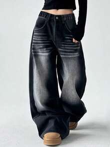 Quần Jeans Ống Thẳng Đen Giặt Cổ Điển Cho Bé Gái Tuổi Teen, Kiểu Dáng Ống Rộng Thường Ngày - màu đen - Xem 1