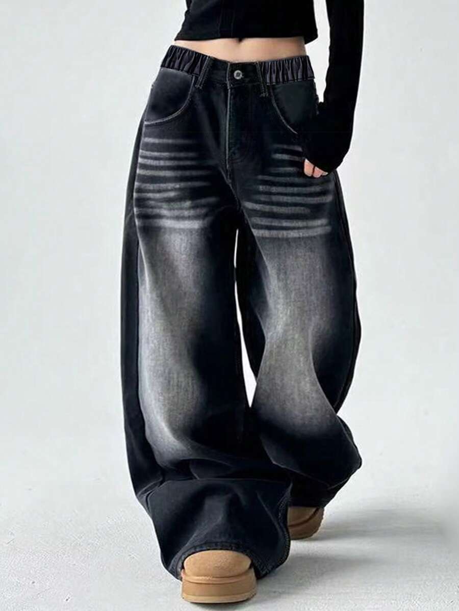 Quần Jeans Ống Thẳng Đen Giặt Cổ Điển Cho Bé Gái Tuổi Teen, Kiểu Dáng Ống Rộng Thường Ngày - màu đen - Xem 1