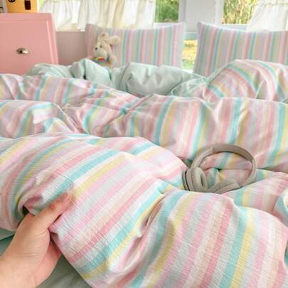 フレンチスタイルの小さな新鮮な二層ガーゼ4点セット小さな花柄のベッドシーツとキルトカバー寮用寝具3点セット