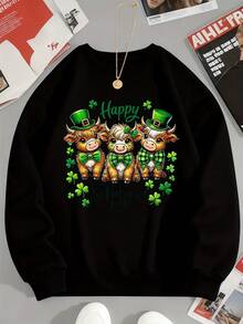 Happy St Patricks Day Cow Leprechaun Hat Green Bow Tie Shamrock Sweatshirt Women's Crewneck Long Sleeve Casual Holiday Shirt - Black - View 3