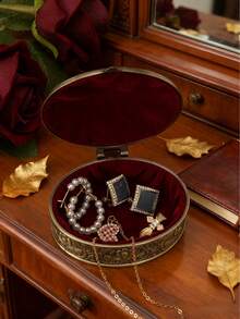 Caixa de joias oval com estampa floral em bronze antigo: decoração vintage, artesanato esculpido, armazenamento elegante para brincos e anéis, ótima opção de presente - Bronze - Ver 3