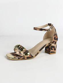 Women's Leopard Print Metal Decor Block Heel Open-Toe Sandals, Wild Fashion Style, Leopard Print Leather Mid-Heeled Shoes - Brown - View 8