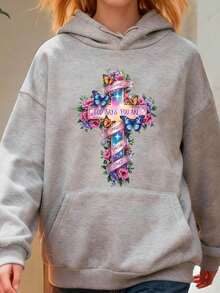 Plus Size  Hoodie With Cross Floral Butterfly Design God Says You Are Unique Special Loved Christian Religious Statement For Women Casual Wear Church Outfit Daily Fashion - 灰色 - 查看 1