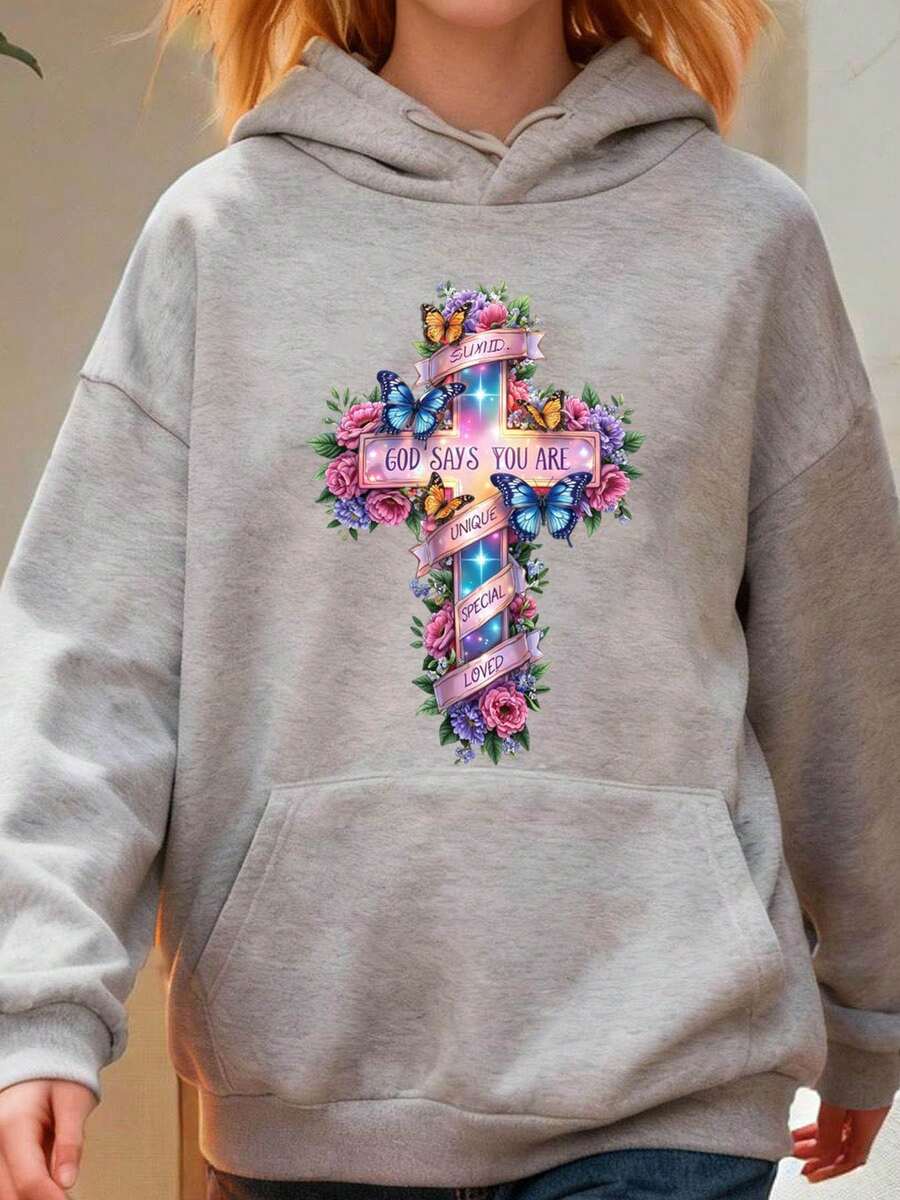 Plus Size Hoodie With Cross Floral Butterfly Design God Says You Are Unique Special Loved Christian Religious Statement For Women Casual Wear Church Outfit Daily Fashion - 灰色 - 查看 1