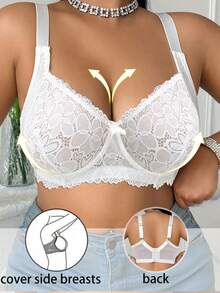 Plus Size Women Comfortable Daily Fashion Lace Patchwork Underwire Bra - White - View 1
