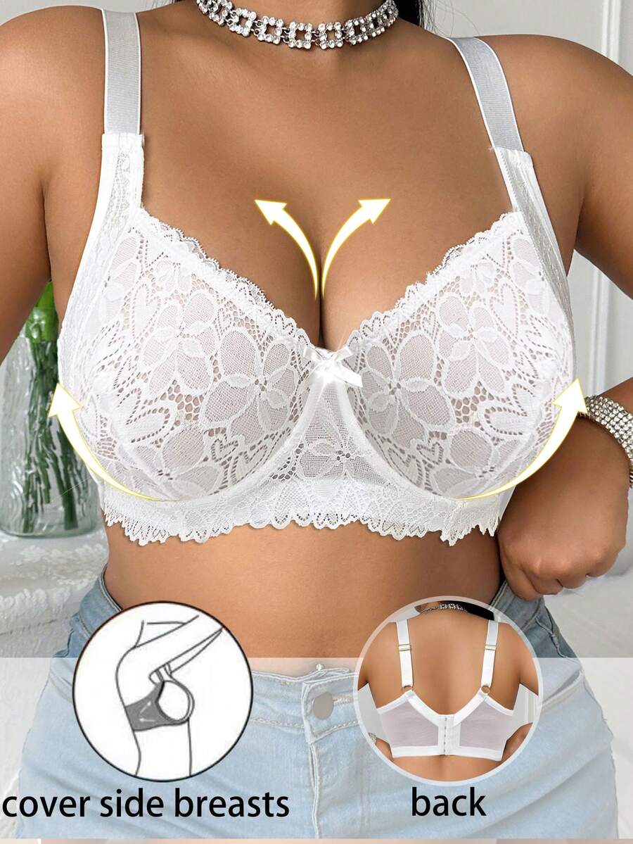 Plus Size Women Comfortable Daily Fashion Lace Patchwork Underwire Bra - White - View 1