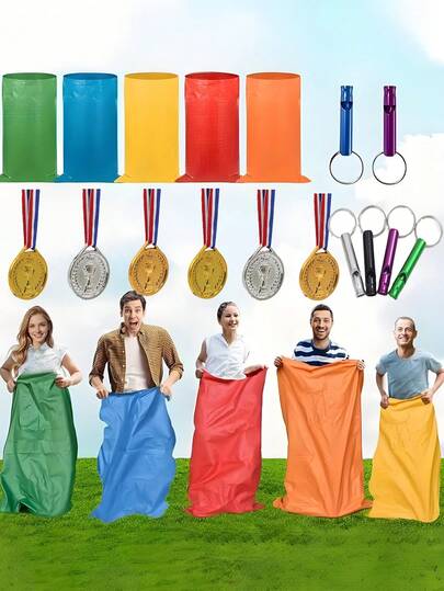 12pcs/Set Potato Sack Race Game Set, Outdoor Game Set, Includes Potato Sacks, Whistle And Plastic Medals. Suitable For Carnival, Lawn Party, Outdoor Daytime Activities, Celebration Parties, Team Party Props And Wedding Party Games.