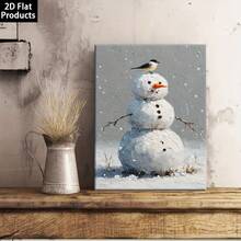 2D Plano, 1 Pieza Escena de Nieve de Muñde Nieve y Pájaro Rojo en Lienzo Enmarcado - Arte de Pared de Pintura al Óleo Realista Abstracta Minimalista, Tono de Color Suave, Decoración Navideña Interior con Marco de Madera, Adecuado para Sala de Estar, Dormitorio, Cocina, Baño - Regalo para las Fiestas - transparente - Ver 2