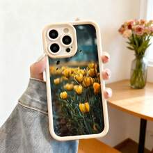 Cubierta de telefono con borde negro para iPhone con estampado de tulipanes amarillos en campo floral diseño elegante para uso diario y estilo urbano - Café integral - Ver 4