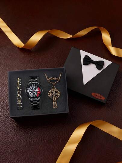 Exquisito diseño de moda de lujo ligero Reloj de oro de estilo casual, collar de estilo minoritario, pulsera, anillo Reloj de cuarzo para hombre Caja de regalo de joyería, caja de regalo, adecuado para cumpleaños, gran promoción de fin de año, 4 piezas/set
