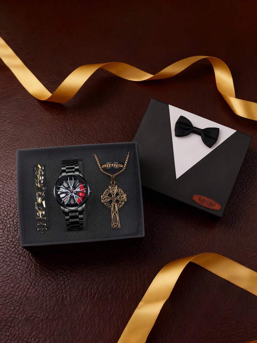Exquisite Fashion Heavy Design Light Luxury Gold Jewelry Casual Style Gold Watch, Minority Style Necklace, Bracelet, Ring Men's Quartz Watch Jewelry Gift Box Set, Gift Box, Suitable For Birthdays, Year-End Grand Promotion, 4 Pieces/Set - Silver - View 1