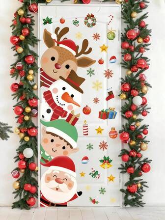 Juldörrklistermärken, avtagbara vinterdörrdekaler med snögubbe och ren, högtidsdekorationer, stora julväggklistermärken lämpliga för hem, fönster, kylskåp, lekrum, sovrum, klassrum, dagis, högtidsväggdekor, trädgård och trädgård