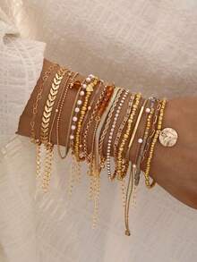 7/19pcs Vintage Elegant Heart Crystal Faux Pearl Snake Chain CCB Beaded Layered Bracelet Set, Women Occasion Gift, Versatile Daily Wear - Yellow Gold - View 3
