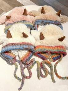 1顶儿童帽子，适合3-16岁儿童，小羊角帽，可爱帽子，防风保暖帽，旅行和摄影道具，羊耳朵可以发出声音，男女宝宝冬季帽子，幼儿发饰，男女通用