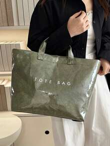 Túi mua sắm bằng nhựa PVC chống thấm nước trong suốt thời trang dung tích lớn, túi tote phong cách trung tính Hàn Quốc, túi tote phong cách hipster đường phố giản dị thời trang INS, túi đeo chéo Nhật Bản, phù hợp cho học sinh trung học và đại học đi học, túi tập gym/yoga/du lịch hoặc túi cho mẹ, túi xách giấy nhiều lớp chất lượng cao cấp in chữ tối giản lấy cảm hứng từ người nổi tiếng kết cấu nhăn - màu xanh lá - Xem 5