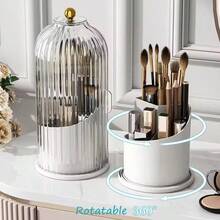 1 PieceOval White Makeup Brush Holder With Lid: 360° Rotating, Waterproof & Dustproof Makeup Tool Storage Box – Portable For Home, Travel & Bathroom Vanity - Trắng - Xem 2