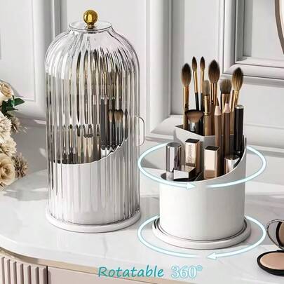 1 PieceOval White Makeup Brush Holder With Lid: 360° Rotating, Waterproof & Dustproof Makeup Tool Storage Box – Portable For Home, Travel & Bathroom Vanity