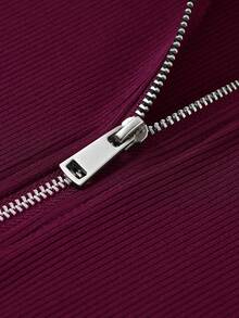 Style européen et américain Robe en tricot à manches longues, zip à mi-chemin, couleur unie pour femmes. Nouvelle robe d'automne/hiver avec jupe évasée cintrée à la taille, élégante - Rouge foncé - Voir 7