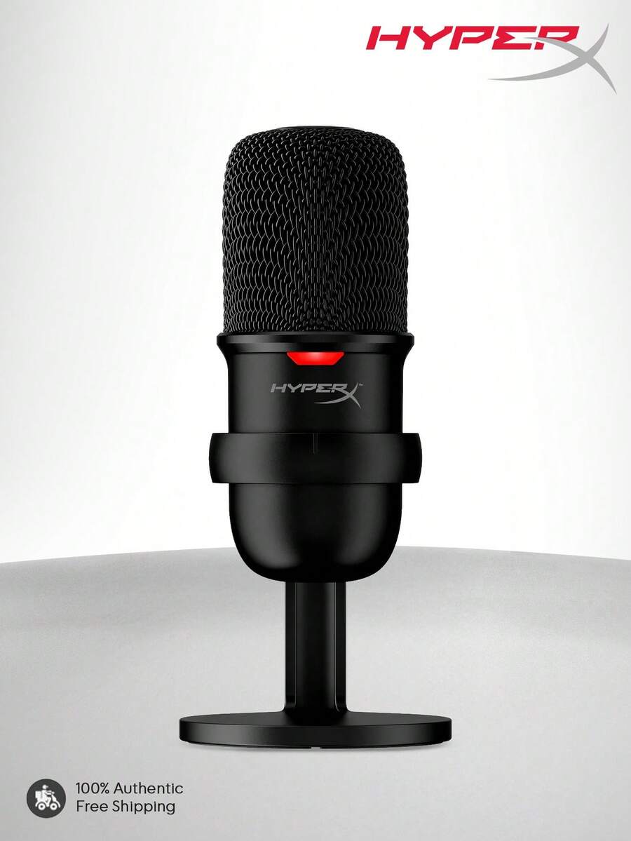 HyperX SoloCast USB 电容式游戏麦克风，适用于 PC、游戏主机和电脑系统，轻触静音传感器，心形指向性，非常适合直播、播客、内容创作、Twitch 视频平台和 Discord 等应用。