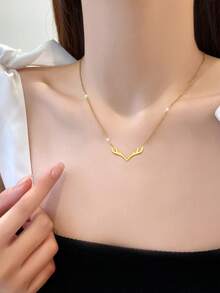 1pc Luxury Stainless Steel V-Shaped Deer Antler Necklace, Suitable For Men And Women, Elegant For Party, Holiday, Daily Wear, Wonderful Gift For Valentine's Day, Birthday - Multicolor - View 4