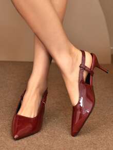 Sapatos de salto alto femininos bordô com bico fino, tira única, cano baixo, ideais para primavera/outono, sandálias de salto alto com bico aberto e salto gatinho. - Borgonha - Ver 2