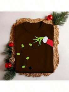 Camiseta Feminina Natal Mão Verde Pisca Pisca  Festa Personalizada - Marrom - Visão 2