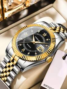 1 Stück Herren Mode Koreanischer Stil Strass Kalender Quarz Uhr mit Edelstahlarmband, Lässig Business Paar Uhr - Einheitsgröße - Übersicht 11