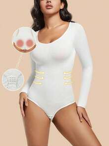 Women's Black Seamless Shapewear Bodysuit, Tummy Control And Butt Lifting, Long Sleeve - White - View 6
