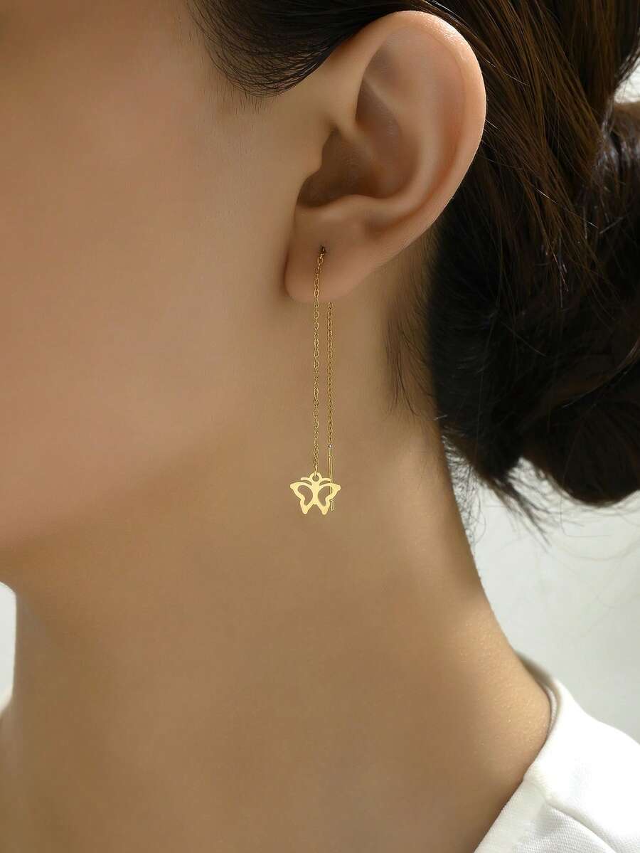 1对简约几何圆形耳环，时尚优雅流苏耳钉，不锈钢圆链，情人节礼物 - A - 查看 1